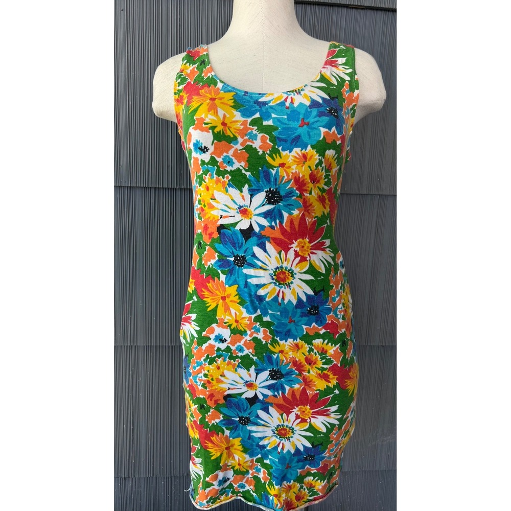 Le Chateau Floral Mini Dress Small Festival Green Orange Blue Low Back Bodycon